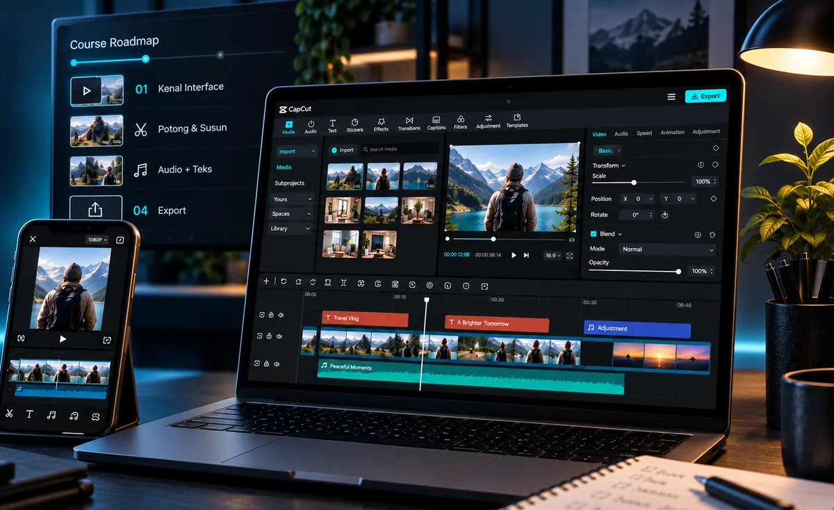 Preview sistem pembelajaran CapCut Essential dengan roadmap empat modul, paparan desktop dan mobile editing