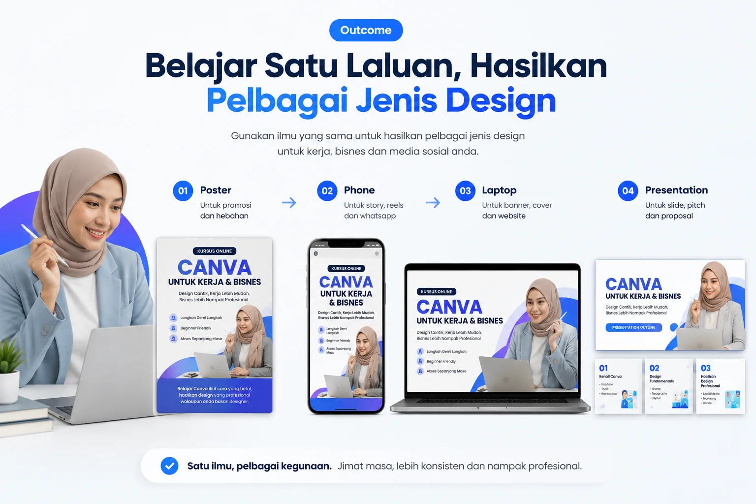 Belajar Satu Laluan, Hasilkan Pelbagai Jenis Design — poster, phone, laptop dan presentation